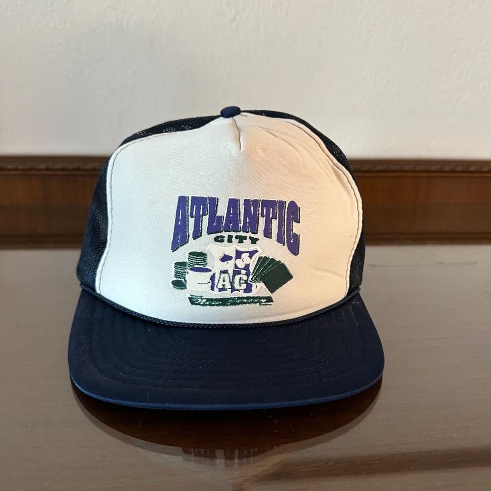 Vintage Atlantic City NJ Cards & Chips Cap Blue White Trucker Mesh Back SnapBack